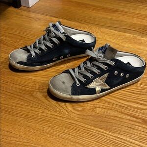 Golden Goose Navy and Gold Distressed Sneakers